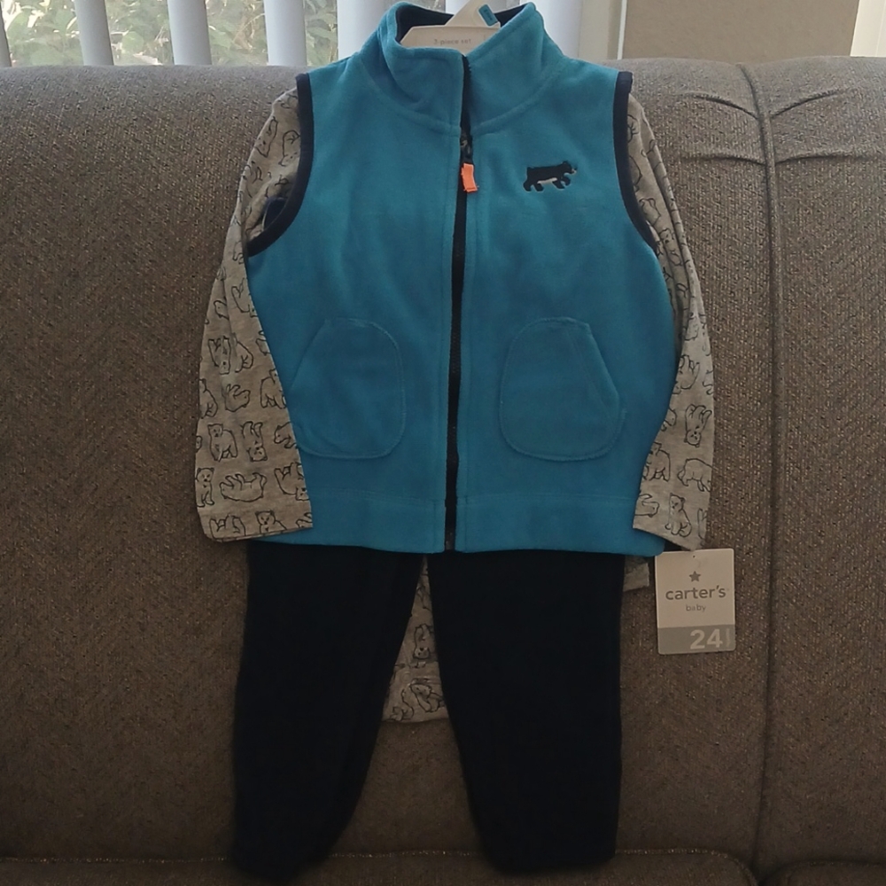 NWT Carter's Baby 3 Piece Blue & Gray Bear Set: Long Slv Onesie, Vest, & Pants